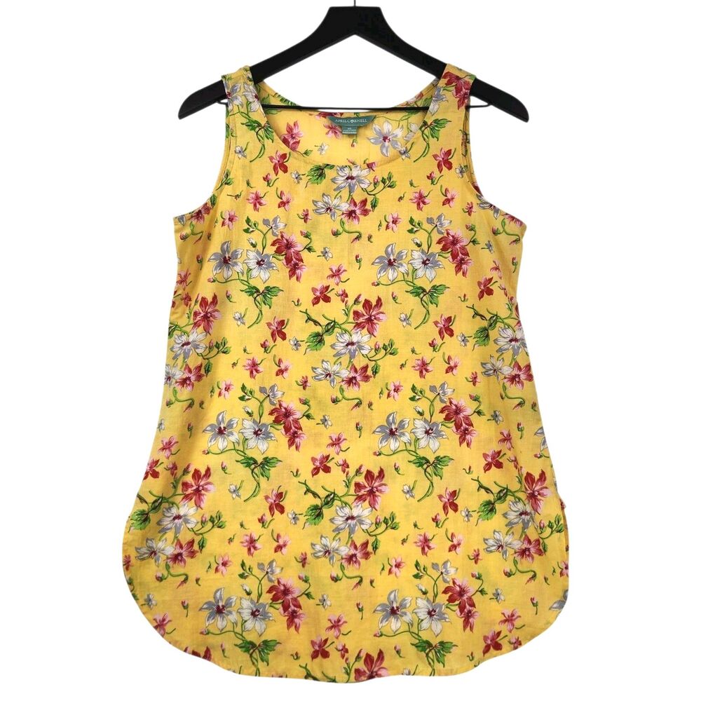 April Cornell 100% Cotton SleevelessTunic Top XS Yellow Floral Feminine Cottage